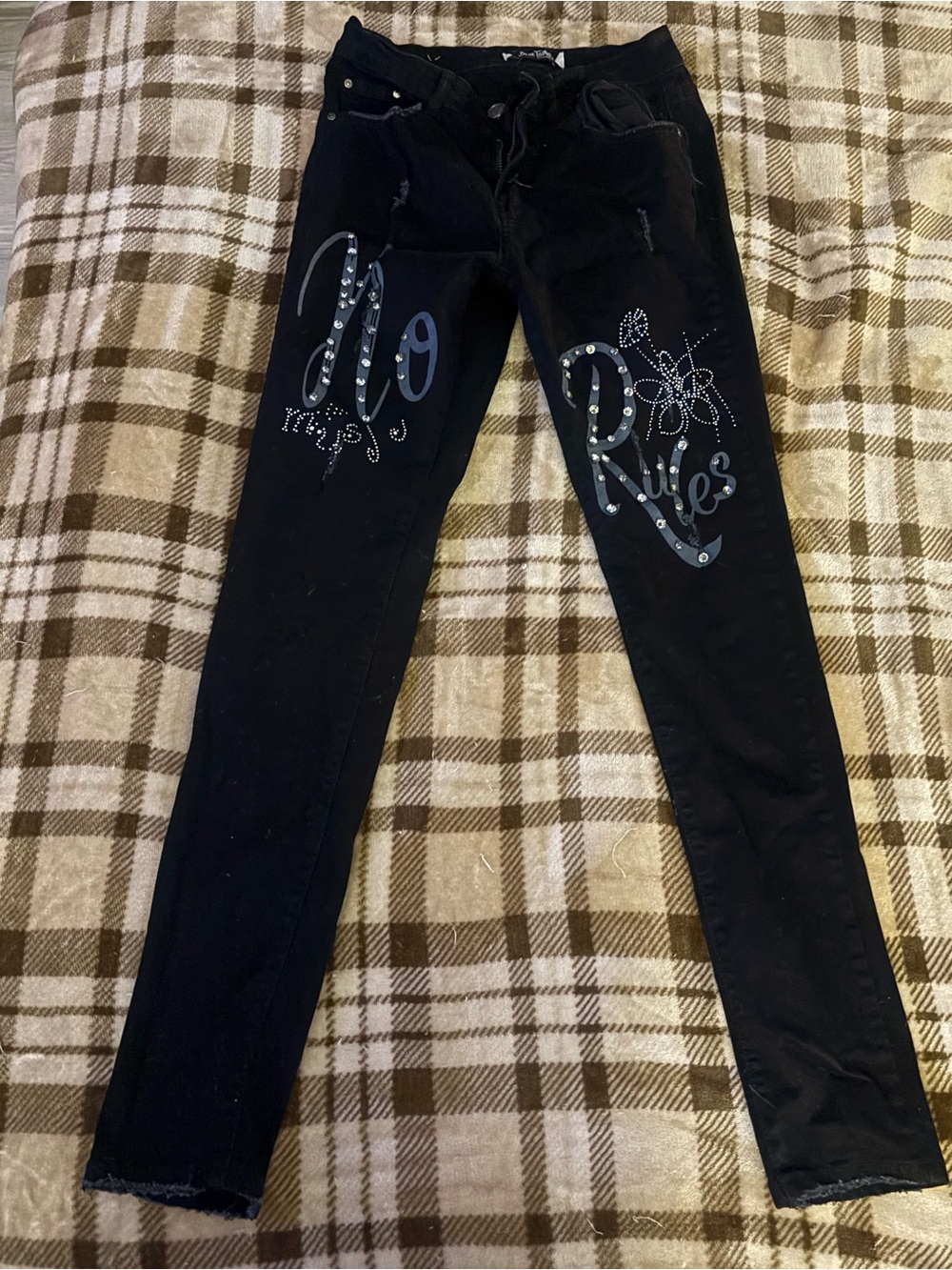 Embellished Black Straight-Leg Jeans with Rhinestone Script